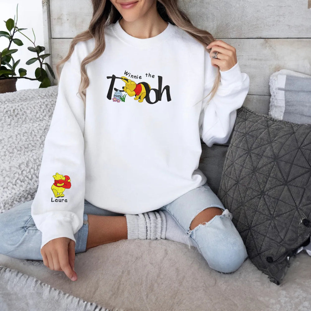 White Sweatshirt Winnie The Pooh Hunny Pot Embroidered On Model.