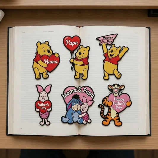 Book Displaying Winnie The Pooh Mama Papa, Family Day Patches
