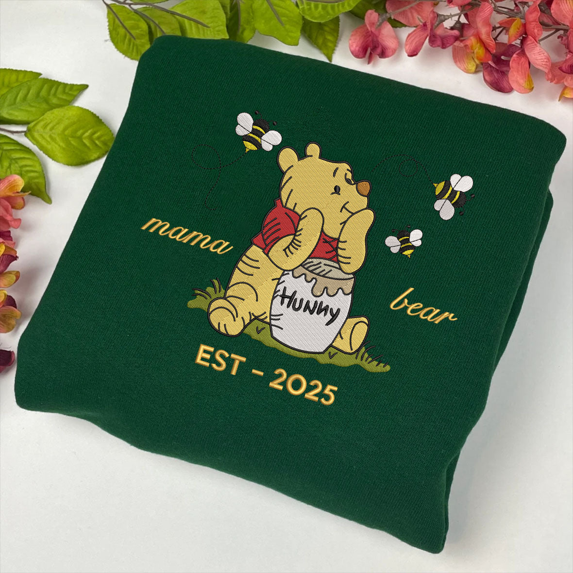 Green Winnie The Pooh Mama Bear Embroidered Sweatshirt.