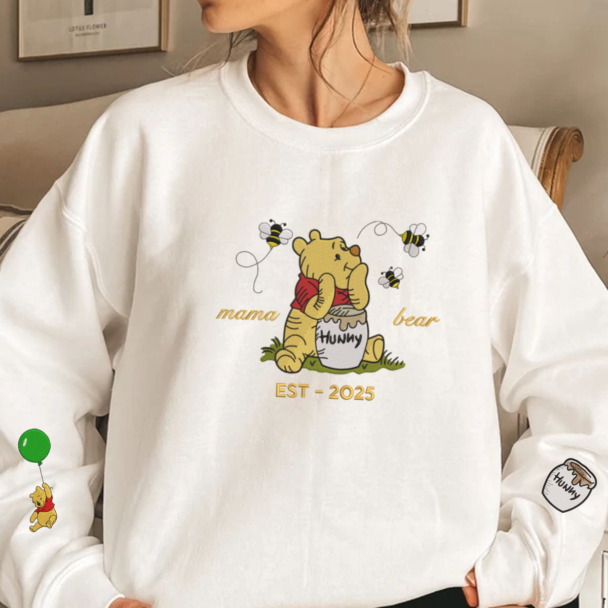 White Pooh Sweatshirt Embroidered Cuff Detail.