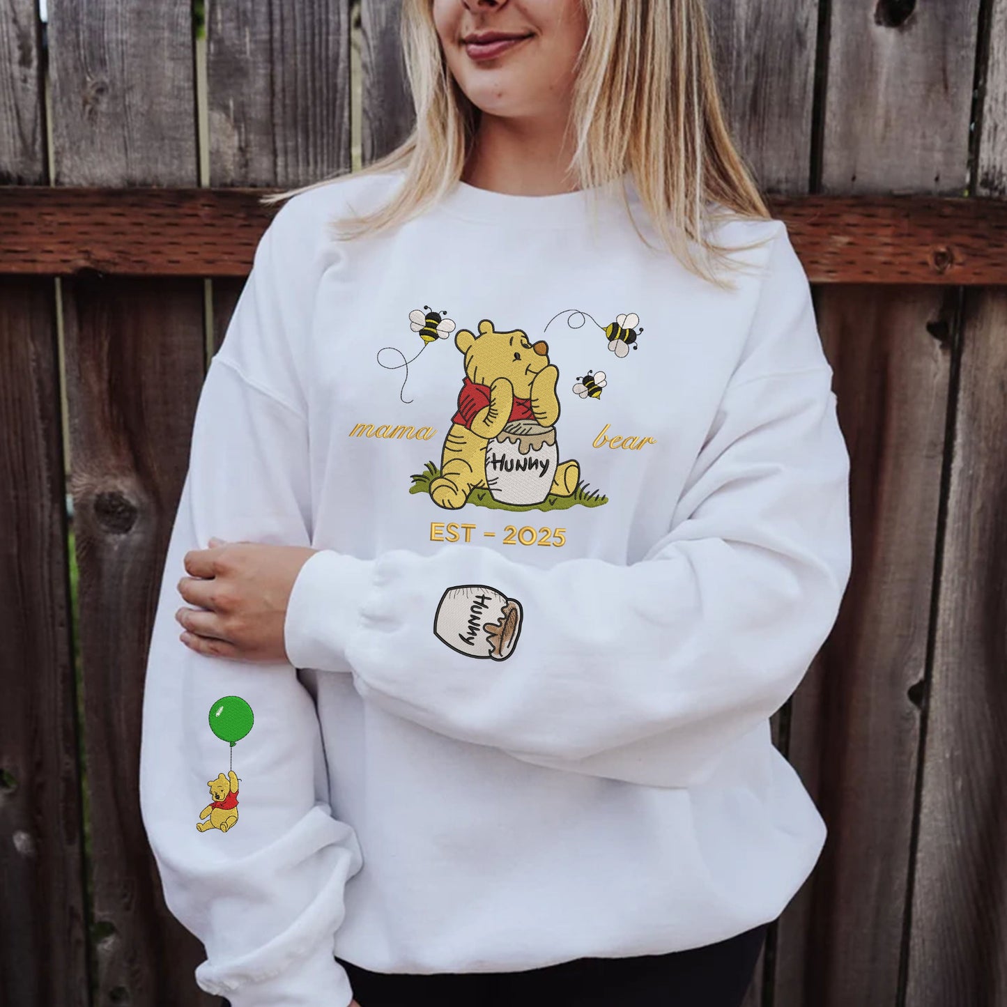 Model Wearing White Pooh Mama Bear Sweatshirt.