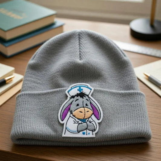 Beanie Hat Decorated With Adorable Eeyore In Doctor Outfit Patch