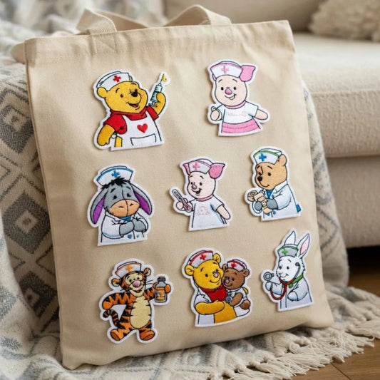 Tote Bag Adorned With Winnie Pooh Friends As Nurses, Doctors