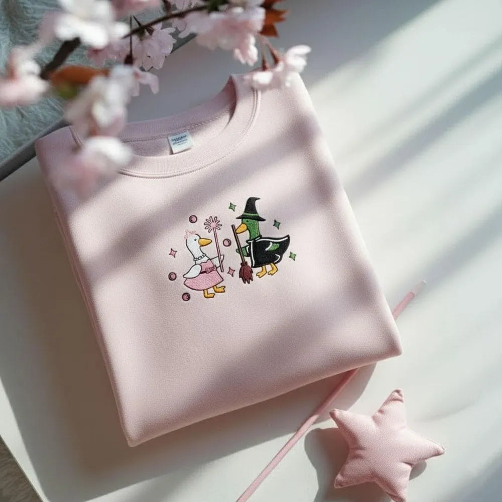 Pink Goose Embroidered Sweatshirt with Fairy and Witch Duck Design