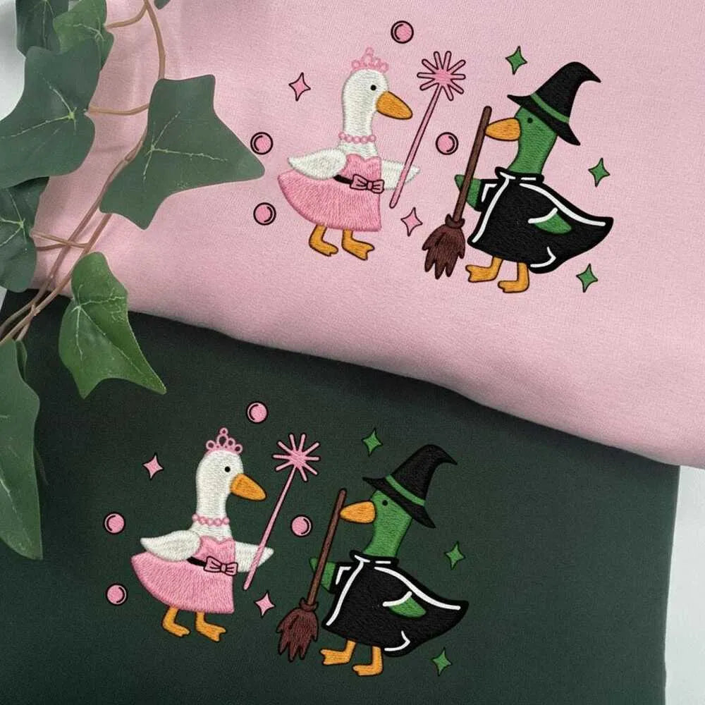 Pink and Green Goose Embroidered Sweatshirt with Fairy and Ducks