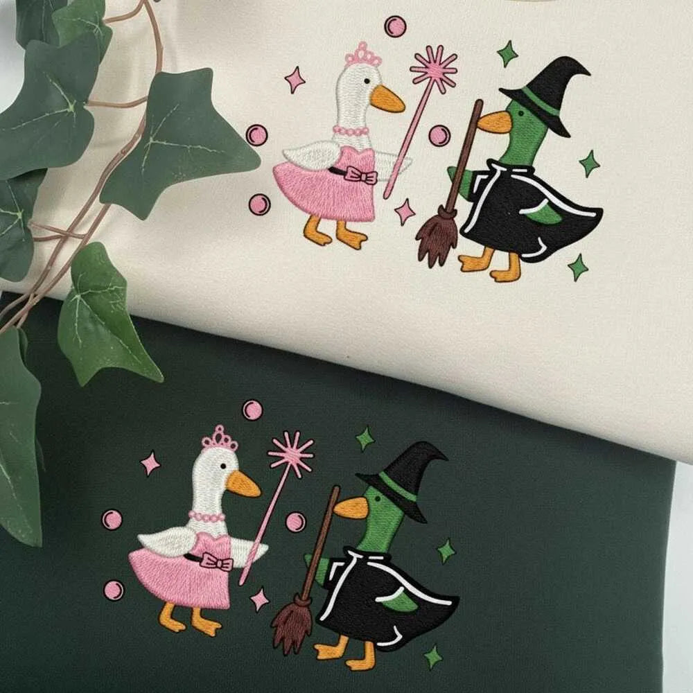 Sand and Green Goose Embroidery Sweatshirt Featuring Fairy and Ducks