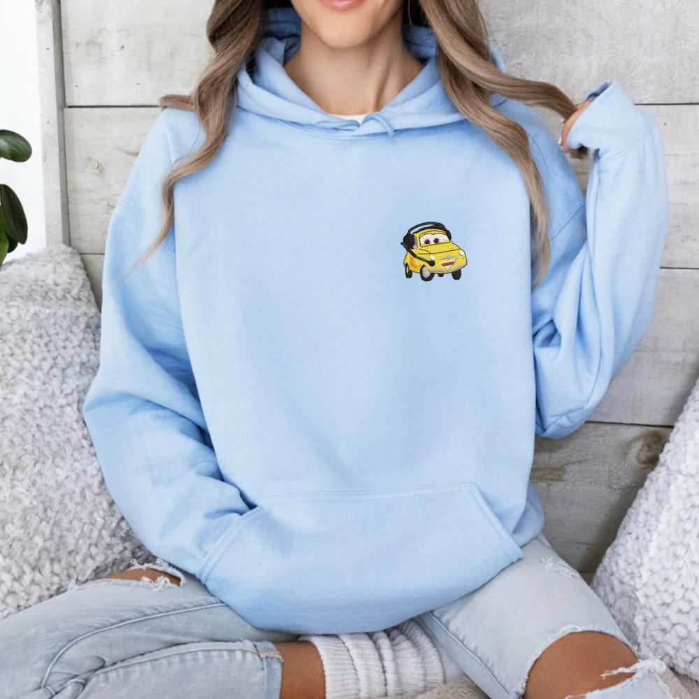 Light Blue Luigi Hoodie Pocket Hands Relaxed Seated Pose