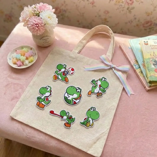 Yoshi Patches Arranged In Circle On  Tote Bag With Flowers
