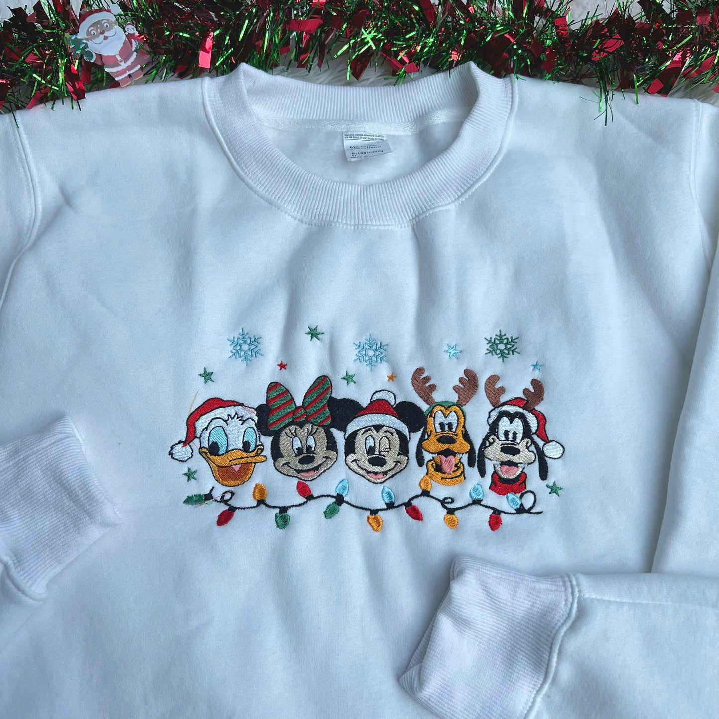Disney Christmas Embroidered Sweatshirt, Mickey & Friends Holiday Lights Sweater, Cute Festive Embroidery Top, Cozy Winter Disney Gift ESE264