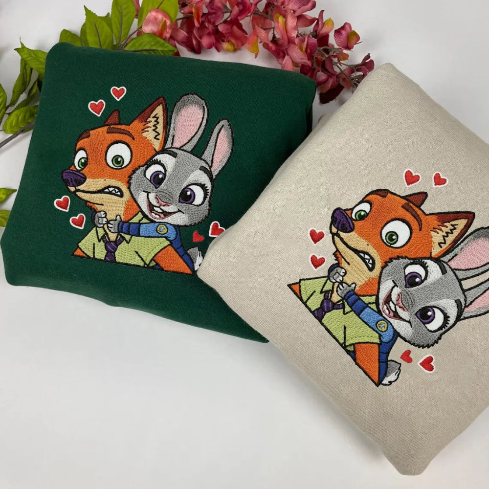Green And Sand Zootopia Sweatshirt With Embroidered Fox, Bunny Couple