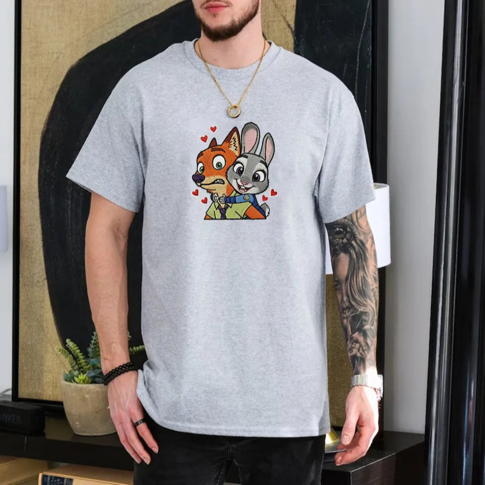 Man Wearing Grey Zootopia Nick And Judy Embroidered T-Shirt
