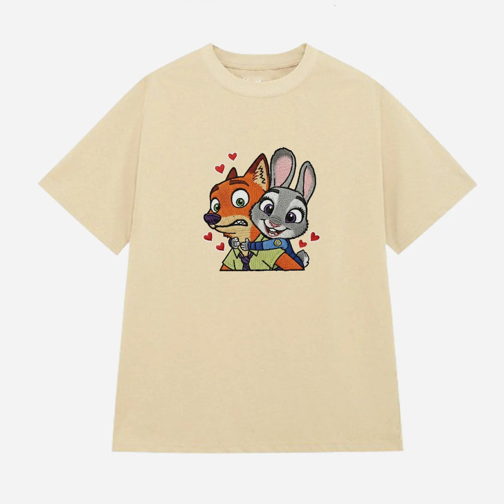 Sand Oversized T-Shirt With Embroidered Judy Hugging Nick Design
