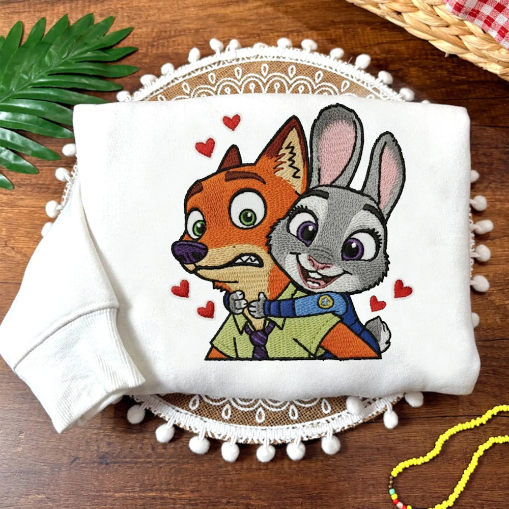 White Cropped Sweatshirt With Embroidered Judy Hopps Hugging Nick Wilde