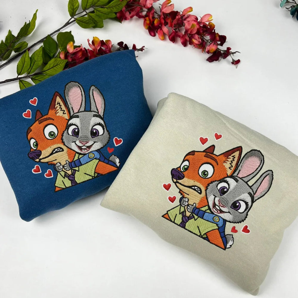 Embroidered Zootopia Pillows: Blue And Beige With Nick Judy Hug